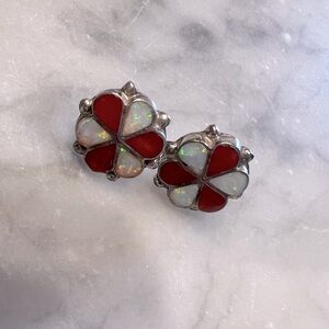 Vintage Shimmer Opal and Red Coral Small Stud Earrings